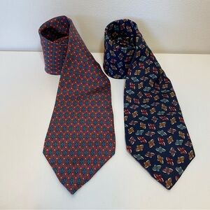 Christian Dior | Two Vintage Printed Silk Neckties Geometric Rosette Red Navy
